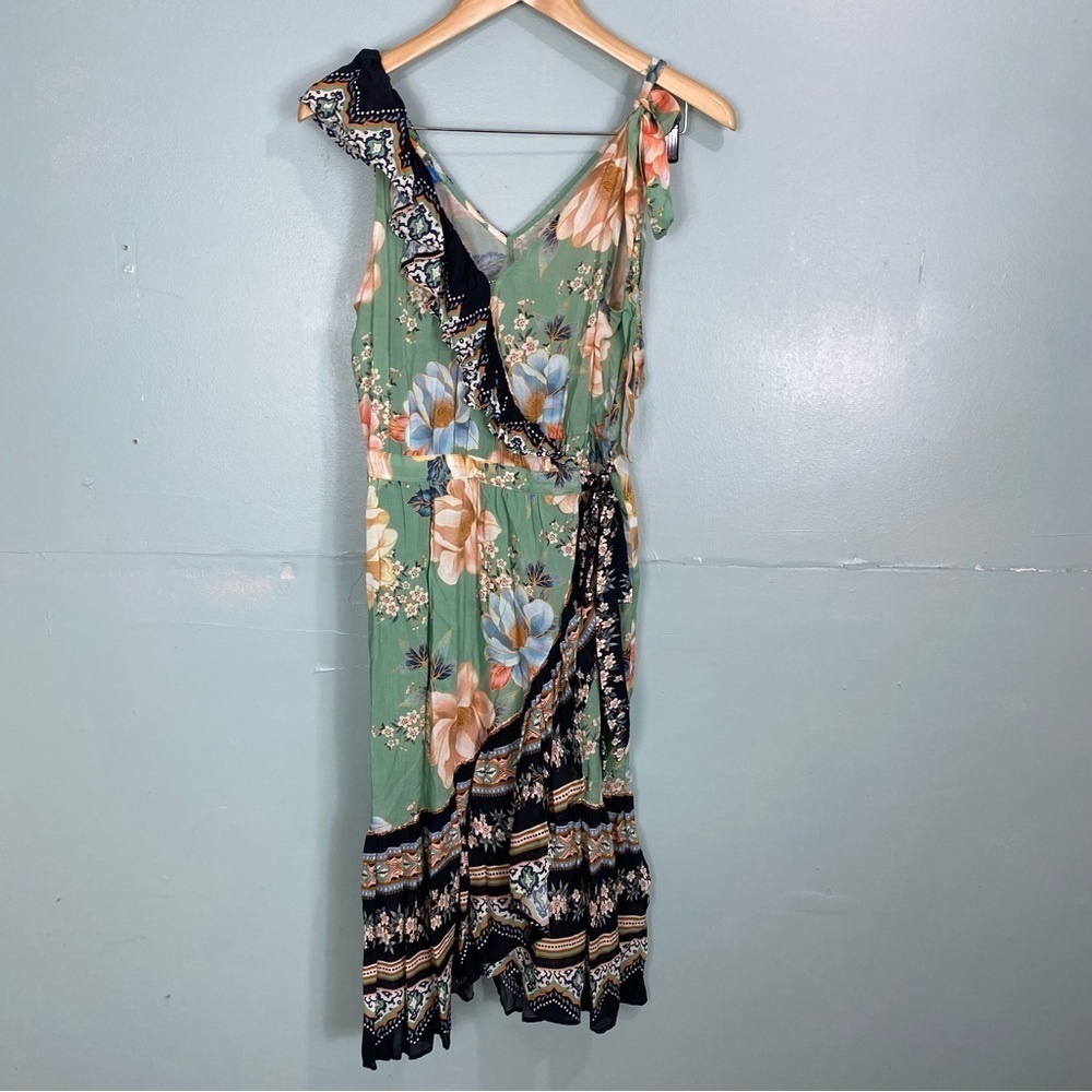 Anthropologie Farm Rio Monica Wrap Midi Sleeveless Dress Floral Green Black‎ XS